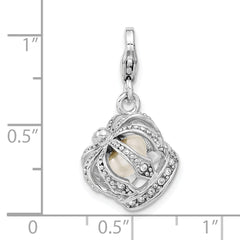 Amore La Vita Sterling Silver Rhodium-plated Polished 3-D Crystal From Swarovski and Freshwater Cultured Pearl Crown Charm with Fancy Lobster Clasp