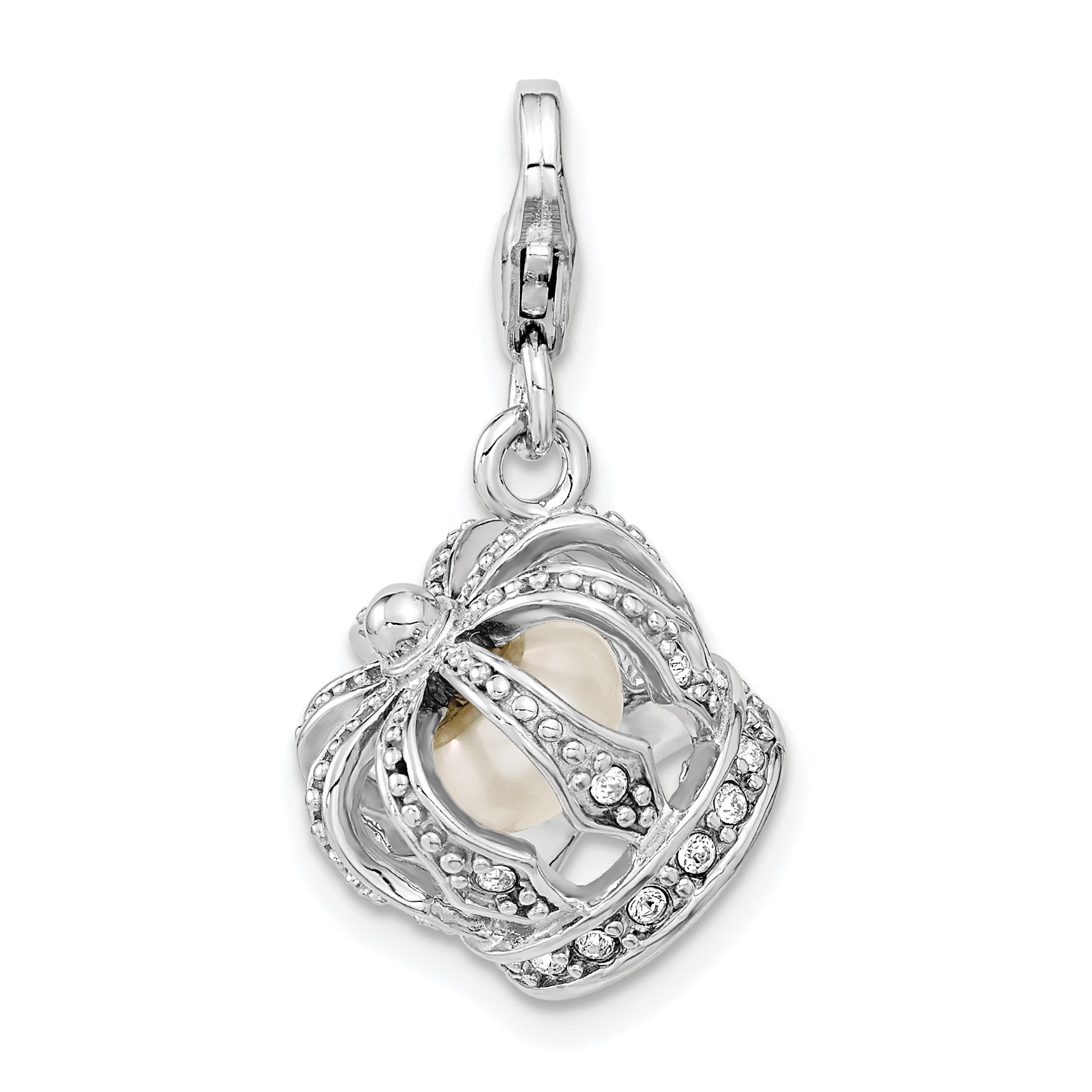 Amore La Vita Sterling Silver Rhodium-plated Polished 3-D Crystal From Swarovski and Freshwater Cultured Pearl Crown Charm with Fancy Lobster Clasp