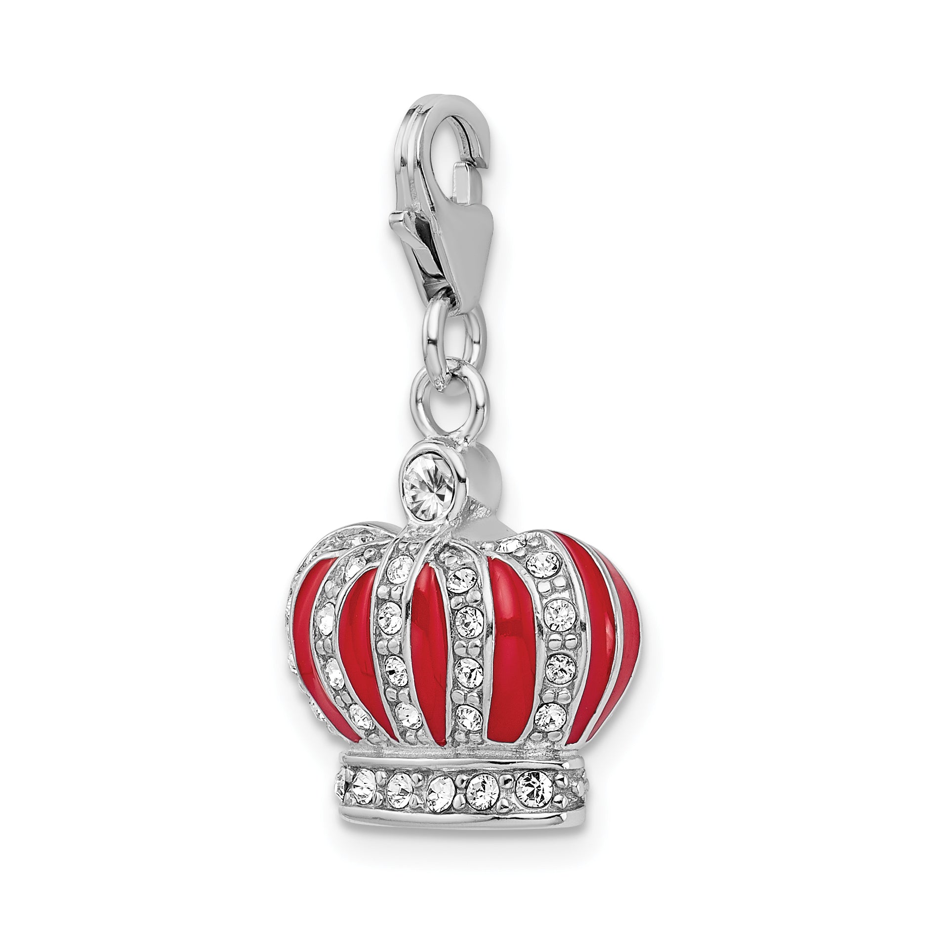 Amore La Vita Sterling Silver Rhodium-plated Polished 3-D Crystal From Swarovski and Red Enameled Crown Charm with Fancy Lobster Clasp