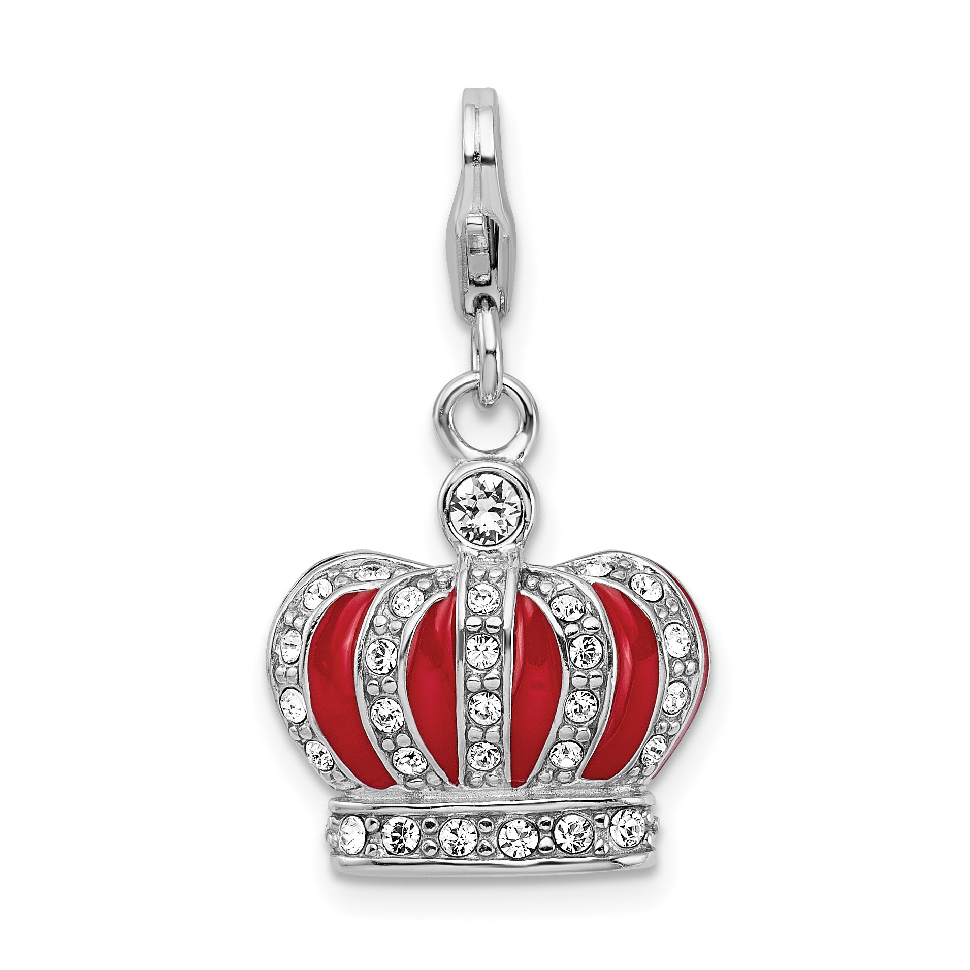 Amore La Vita Sterling Silver Rhodium-plated Polished 3-D Crystal From Swarovski and Red Enameled Crown Charm with Fancy Lobster Clasp