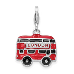 Amore La Vita Sterling Silver Rhodium-plated Polished 3-D Enameled Double Decker London Bus Charm with Fancy Lobster Clasp