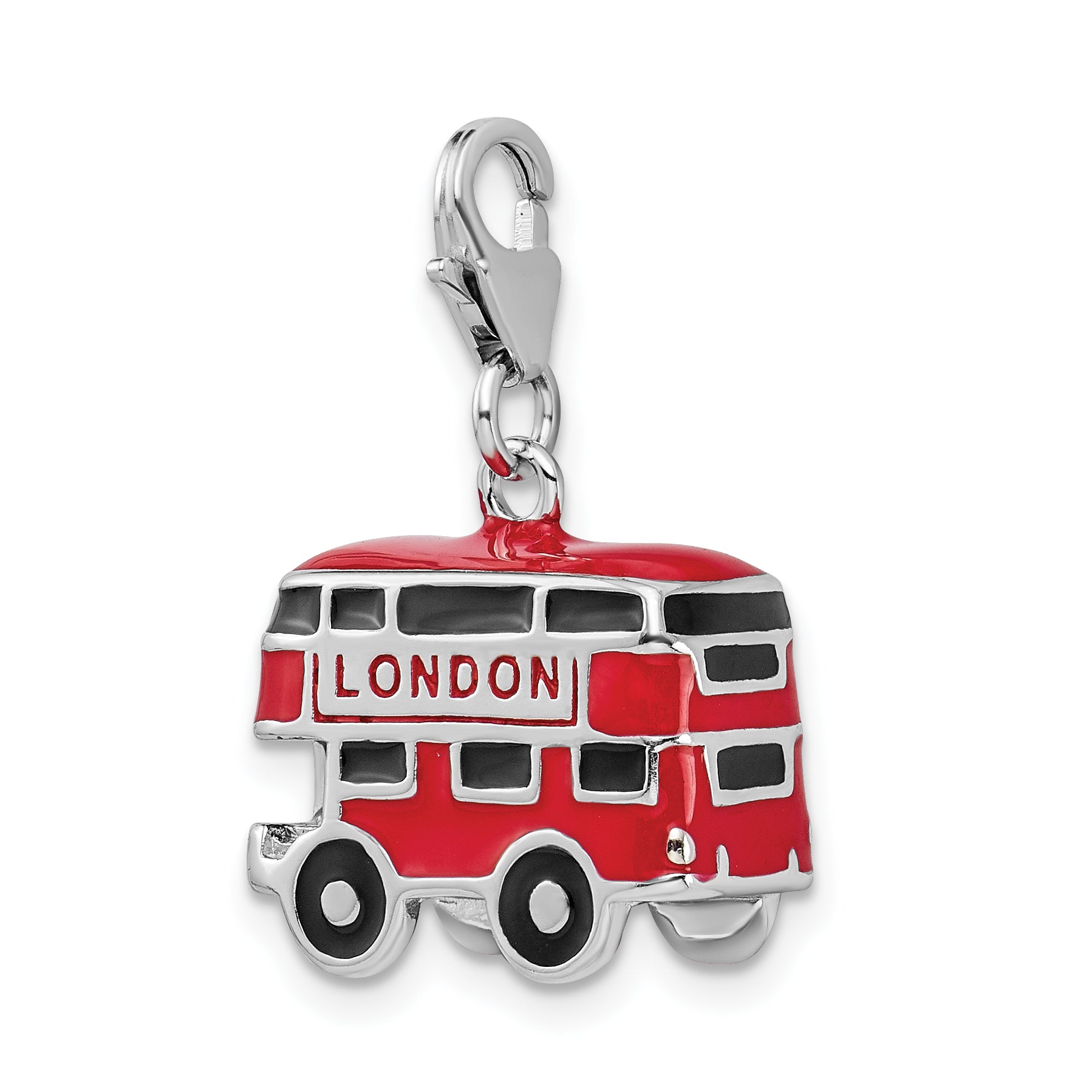 Amore La Vita Sterling Silver Rhodium-plated Polished 3-D Enameled Double Decker London Bus Charm with Fancy Lobster Clasp