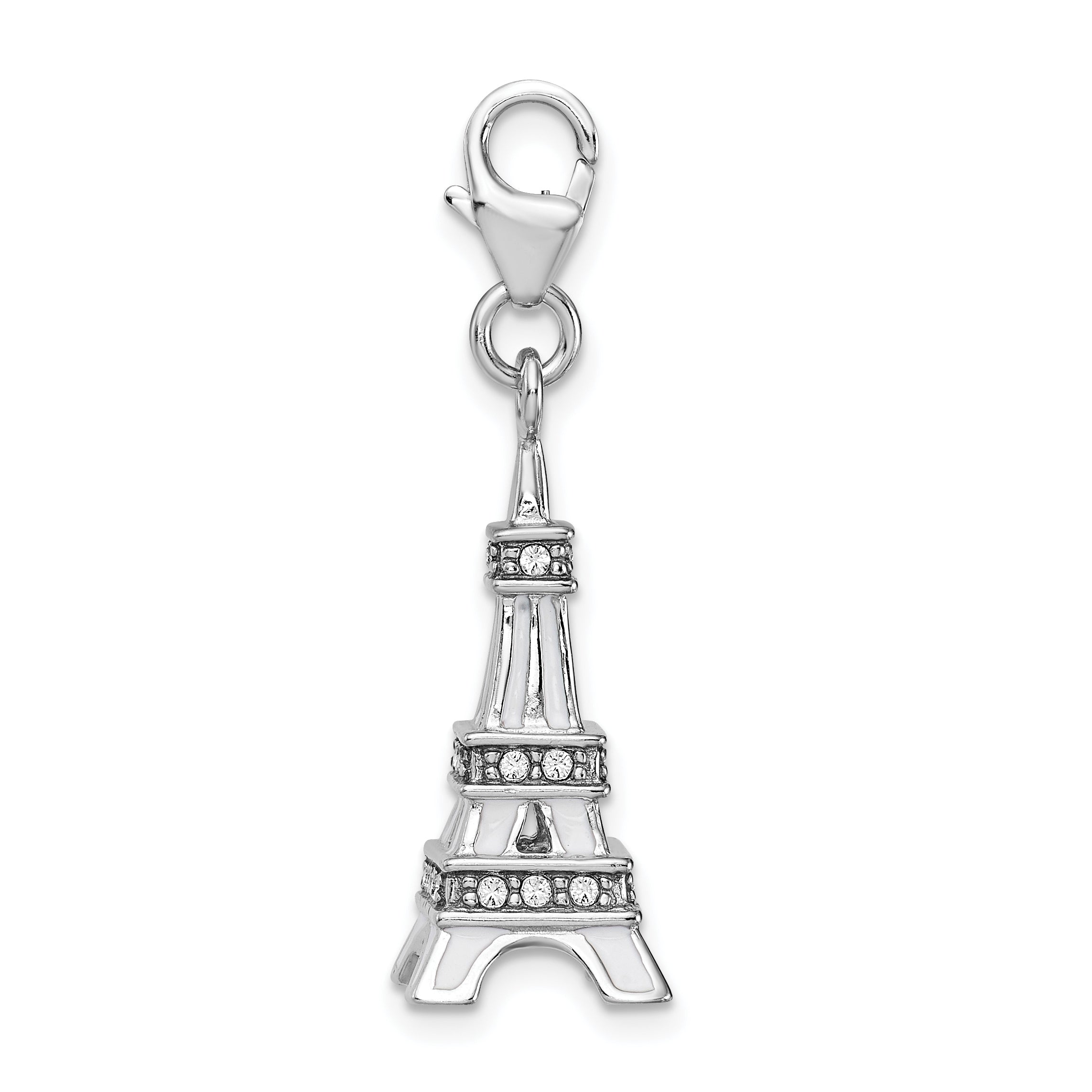 Amore La Vita Sterling Silver Rhodium-plated Polished 3-D Enameled Crystal From Swarovski Eiffel Tower Charm with Fancy Lobster Clasp