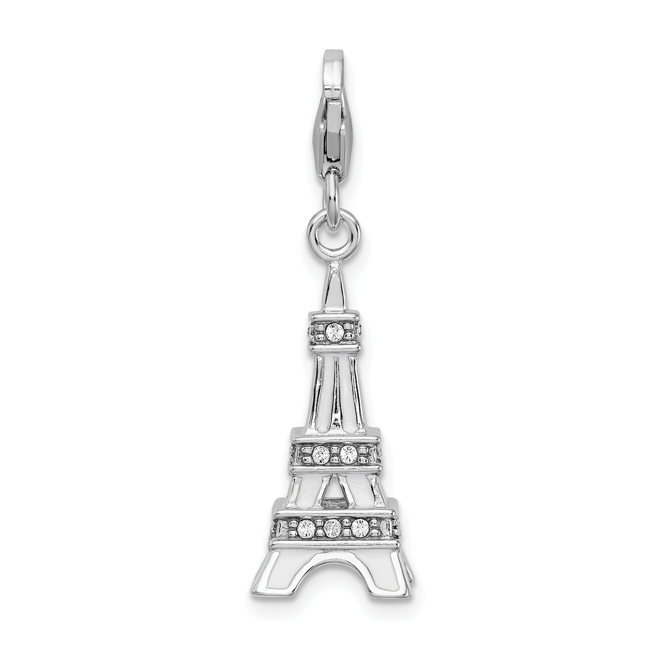 Amore La Vita Sterling Silver Rhodium-plated Polished 3-D Enameled Crystal From Swarovski Eiffel Tower Charm with Fancy Lobster Clasp