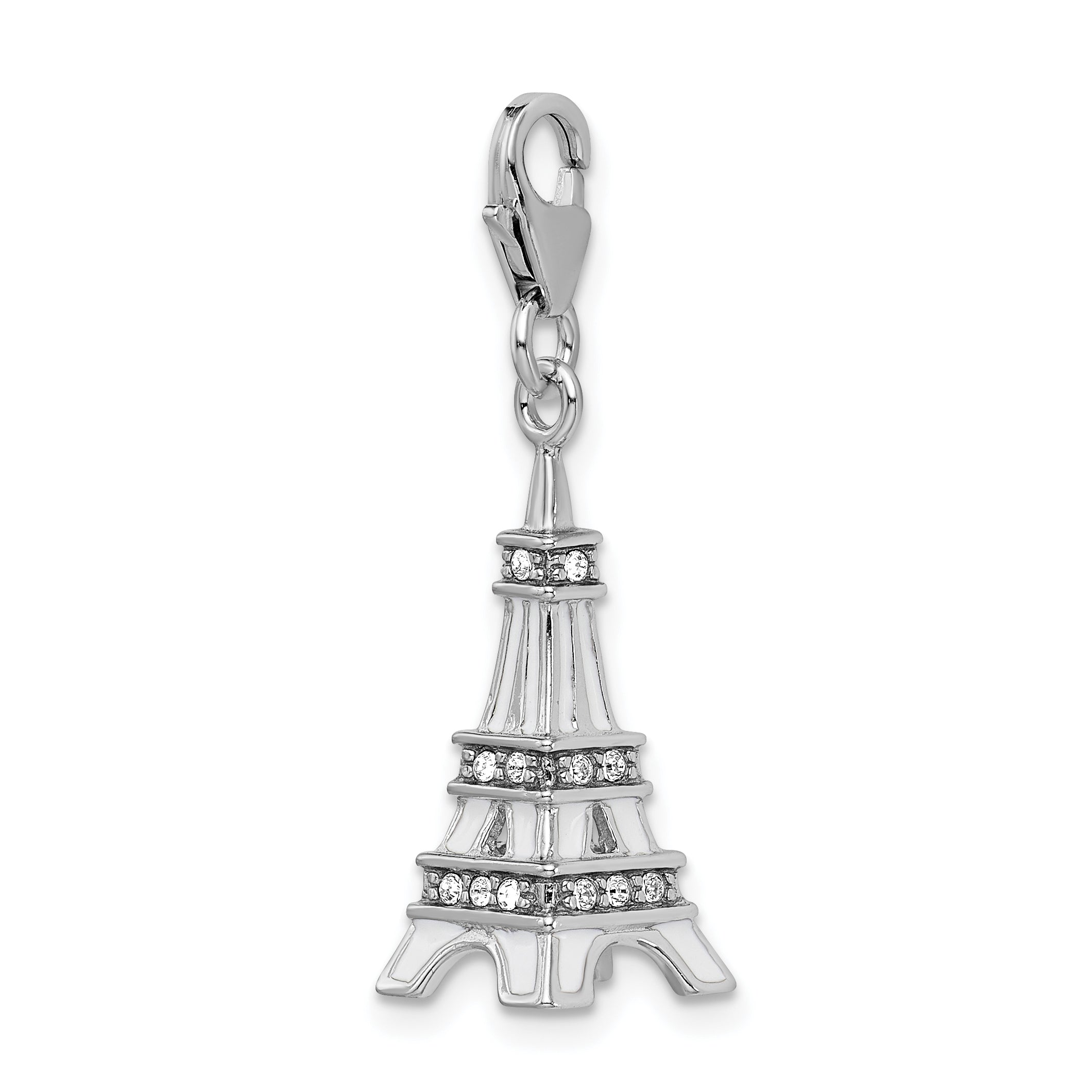 Amore La Vita Sterling Silver Rhodium-plated Polished 3-D Enameled Crystal From Swarovski Eiffel Tower Charm with Fancy Lobster Clasp