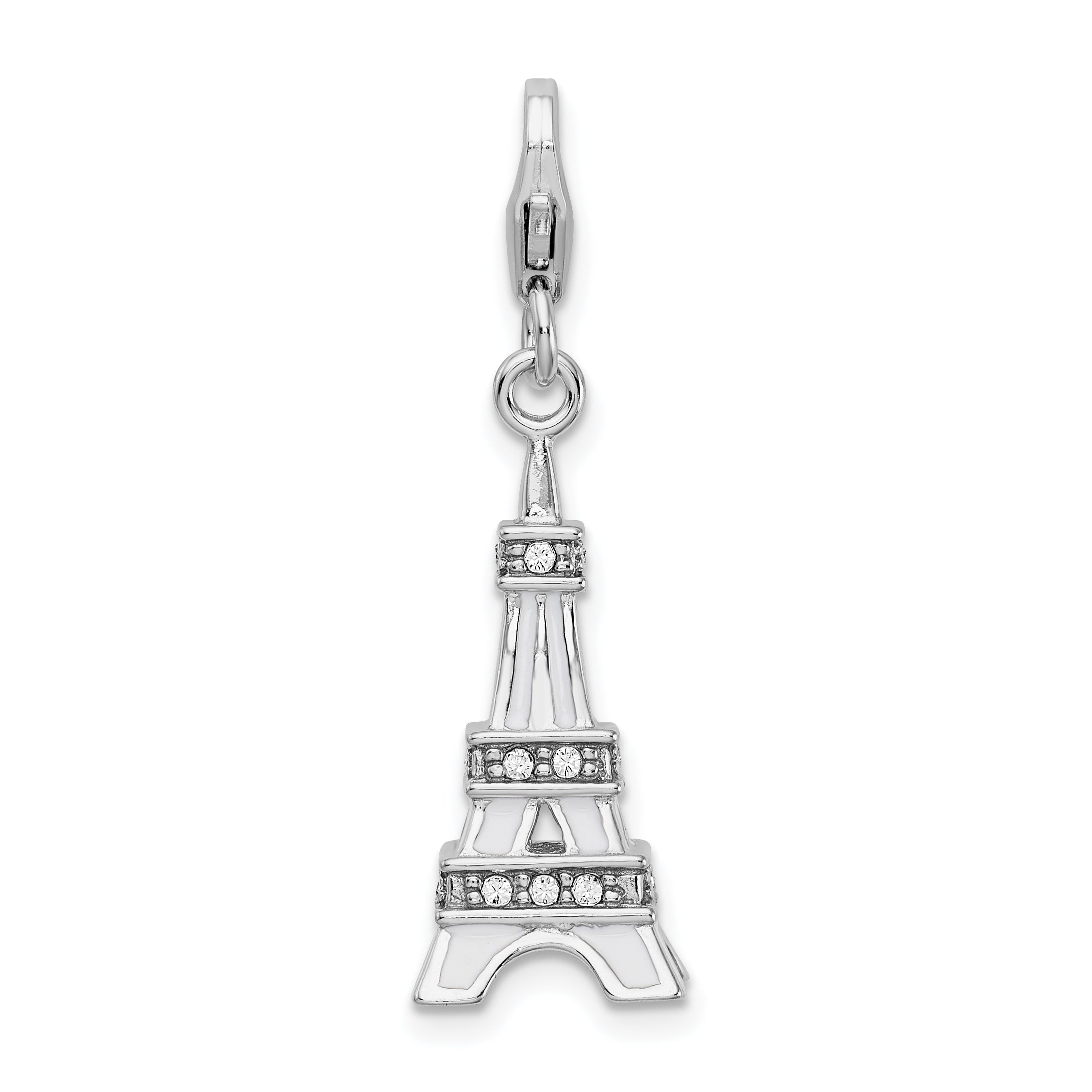 Amore La Vita Sterling Silver Rhodium-plated Polished 3-D Enameled Crystal From Swarovski Eiffel Tower Charm with Fancy Lobster Clasp