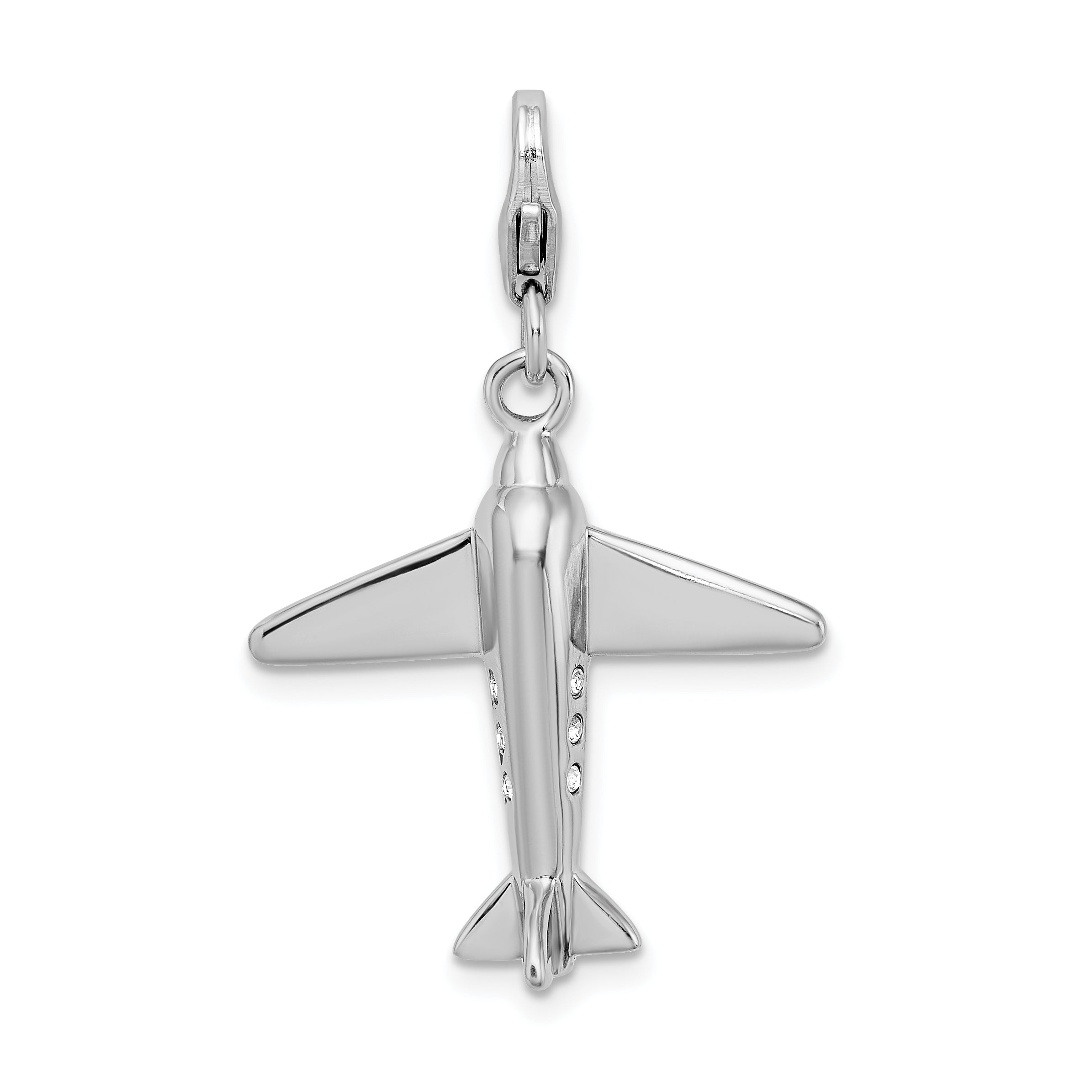 Amore La Vita Sterling Silver Rhodium-plated Polished 3-D Crystal From Swarovski Airplane Charm with Fancy Lobster Clasp