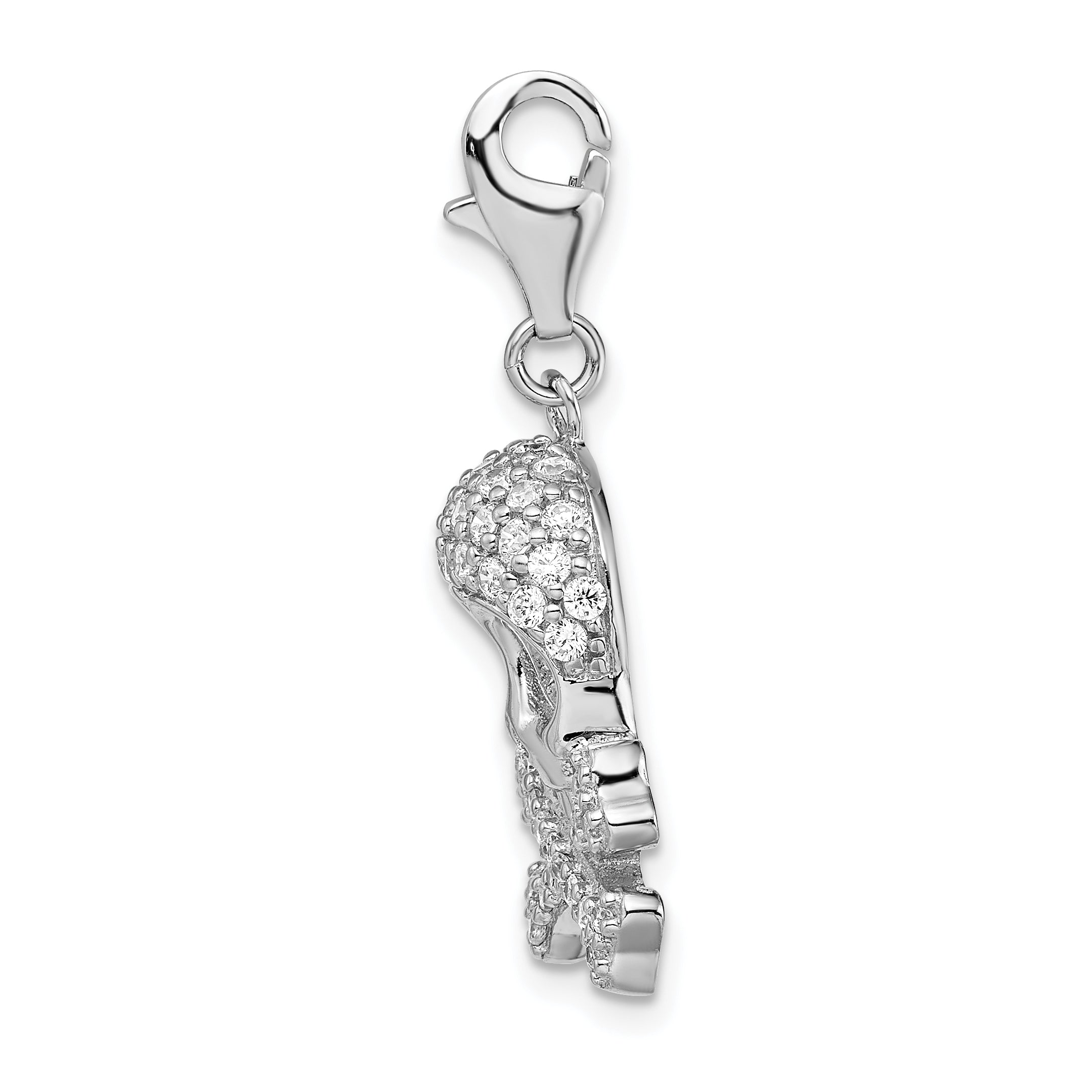 Amore La Vita Sterling Silver Rhodium-plated Polished CZ Skull and Cross Bones Charm with Fancy Lobster Clasp