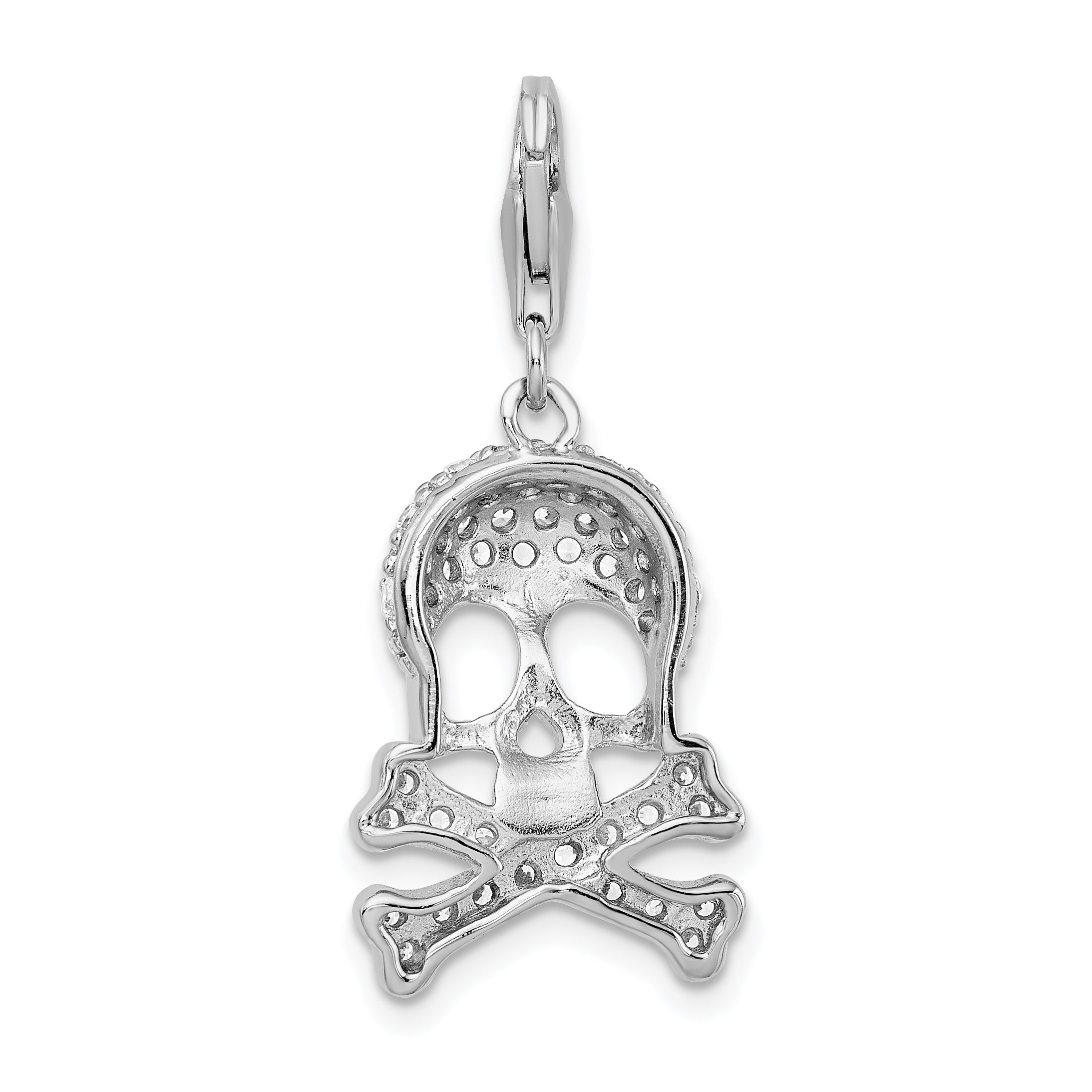 Amore La Vita Sterling Silver Rhodium-plated Polished CZ Skull and Cross Bones Charm with Fancy Lobster Clasp