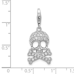 Amore La Vita Sterling Silver Rhodium-plated Polished CZ Skull and Cross Bones Charm with Fancy Lobster Clasp