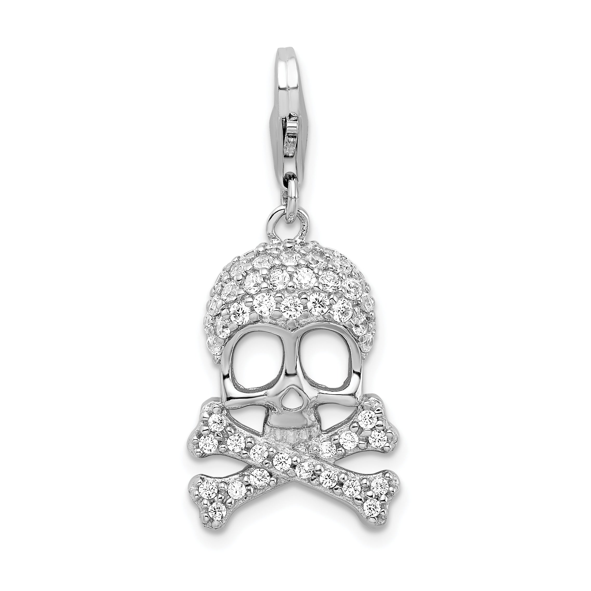 Amore La Vita Sterling Silver Rhodium-plated Polished CZ Skull and Cross Bones Charm with Fancy Lobster Clasp