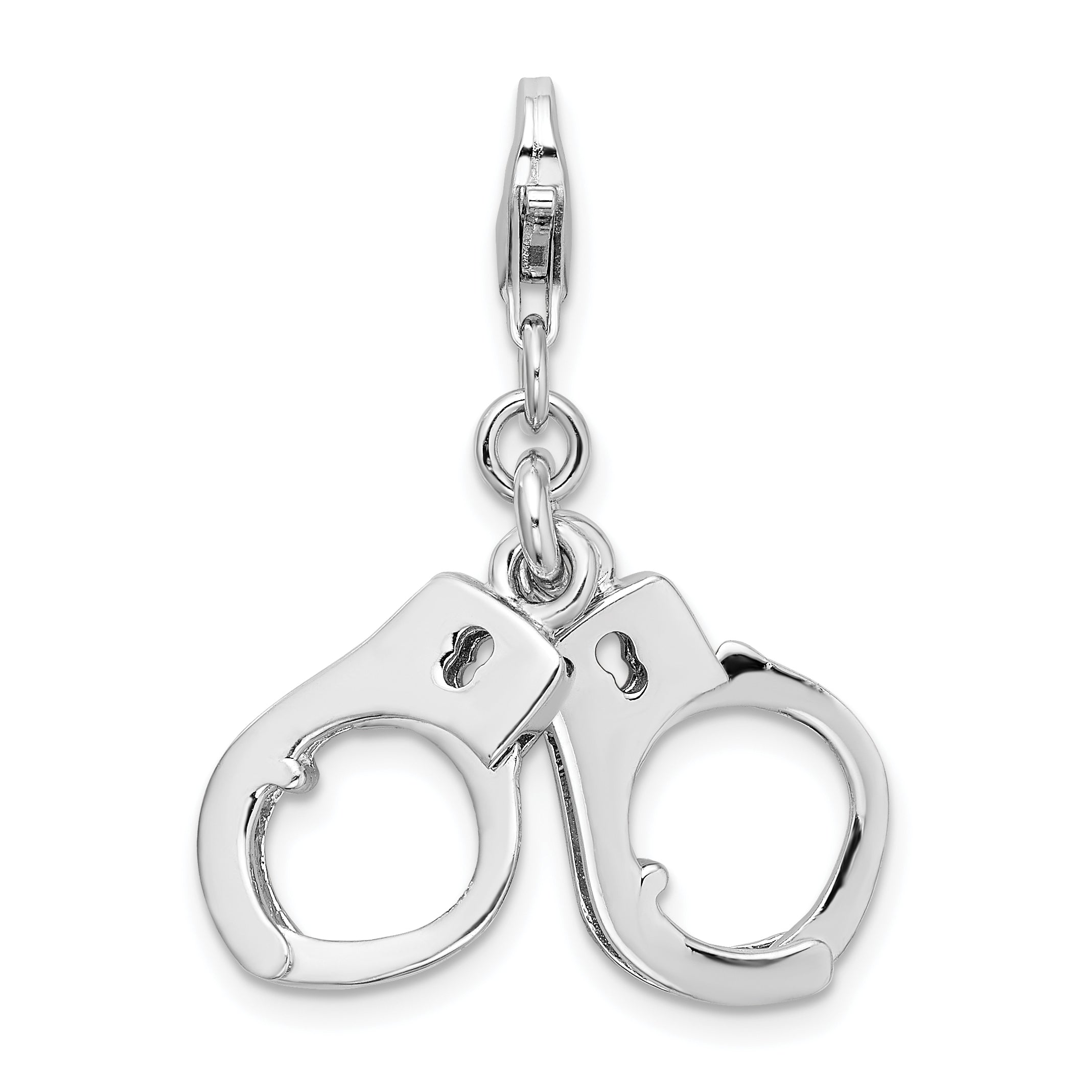 Amore La Vita Sterling Silver Rhodium-plated Polished 3-D Moveable Hand Cuffs Charm with Fancy Lobster Clasp