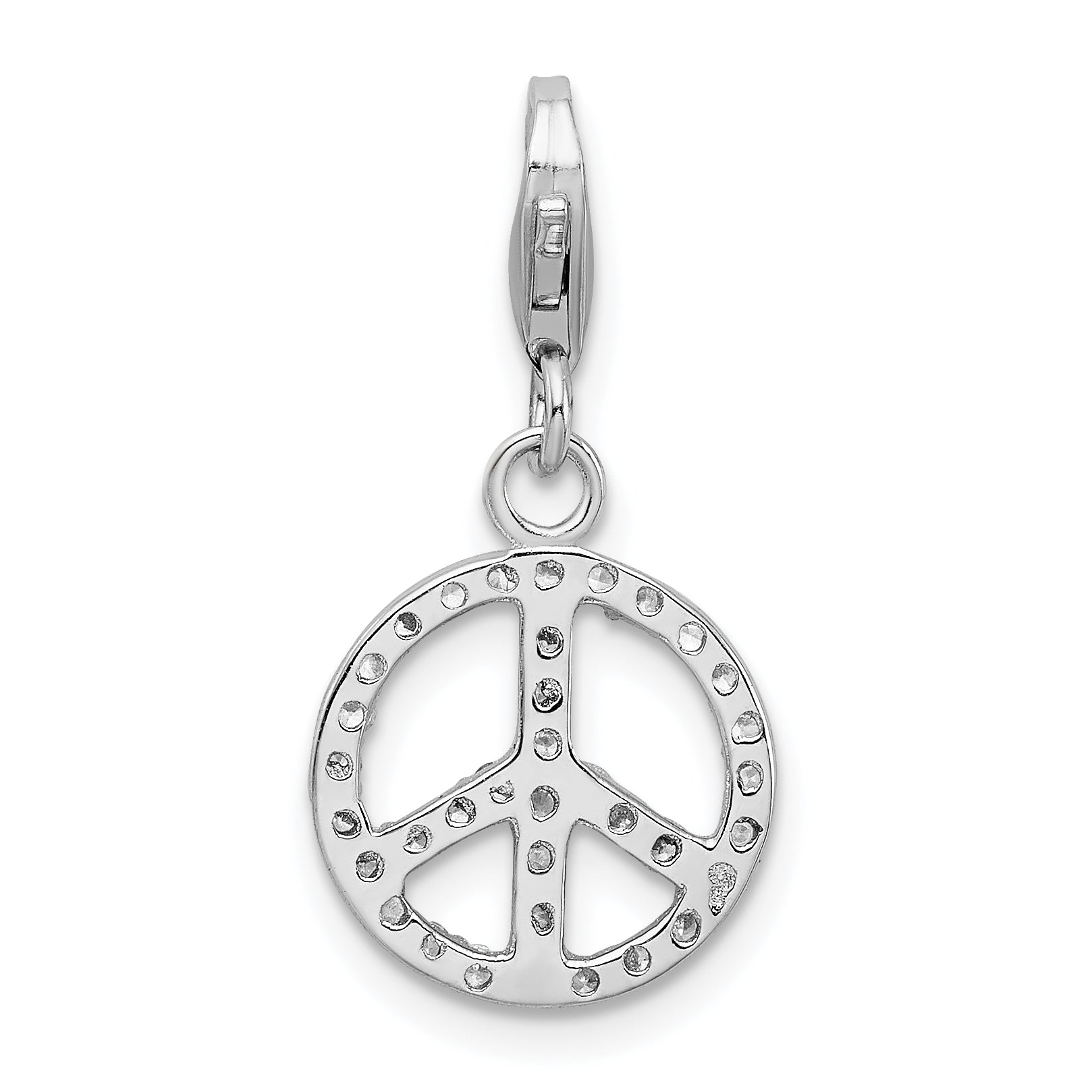 Amore La Vita Sterling Silver Rhodium-plated Polished CZ Peace Sign Charm with Fancy Lobster Clasp