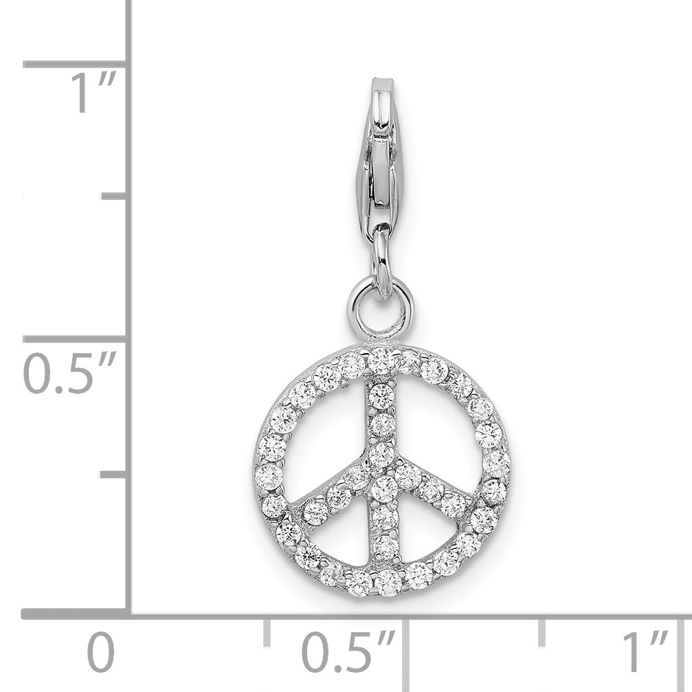 Amore La Vita Sterling Silver Rhodium-plated Polished CZ Peace Sign Charm with Fancy Lobster Clasp