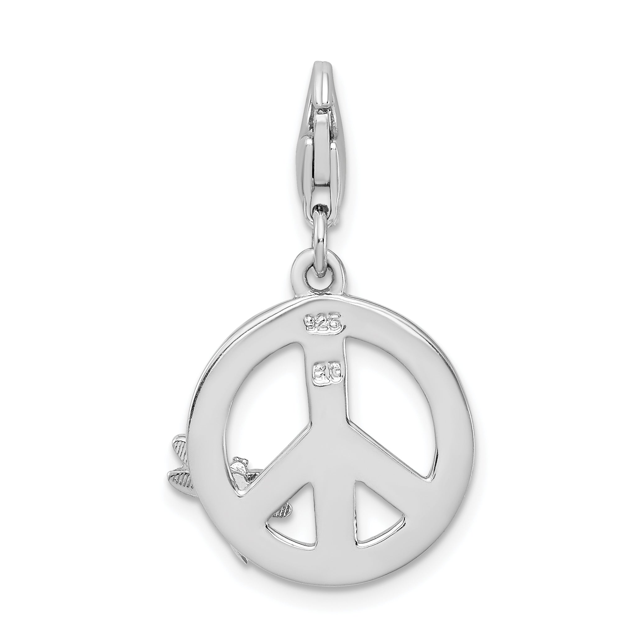 Amore La Vita Sterling Silver Rhodium-plated Polished Enameled Peace Sign with Dragonfly Charm with Fancy Lobster Clasp