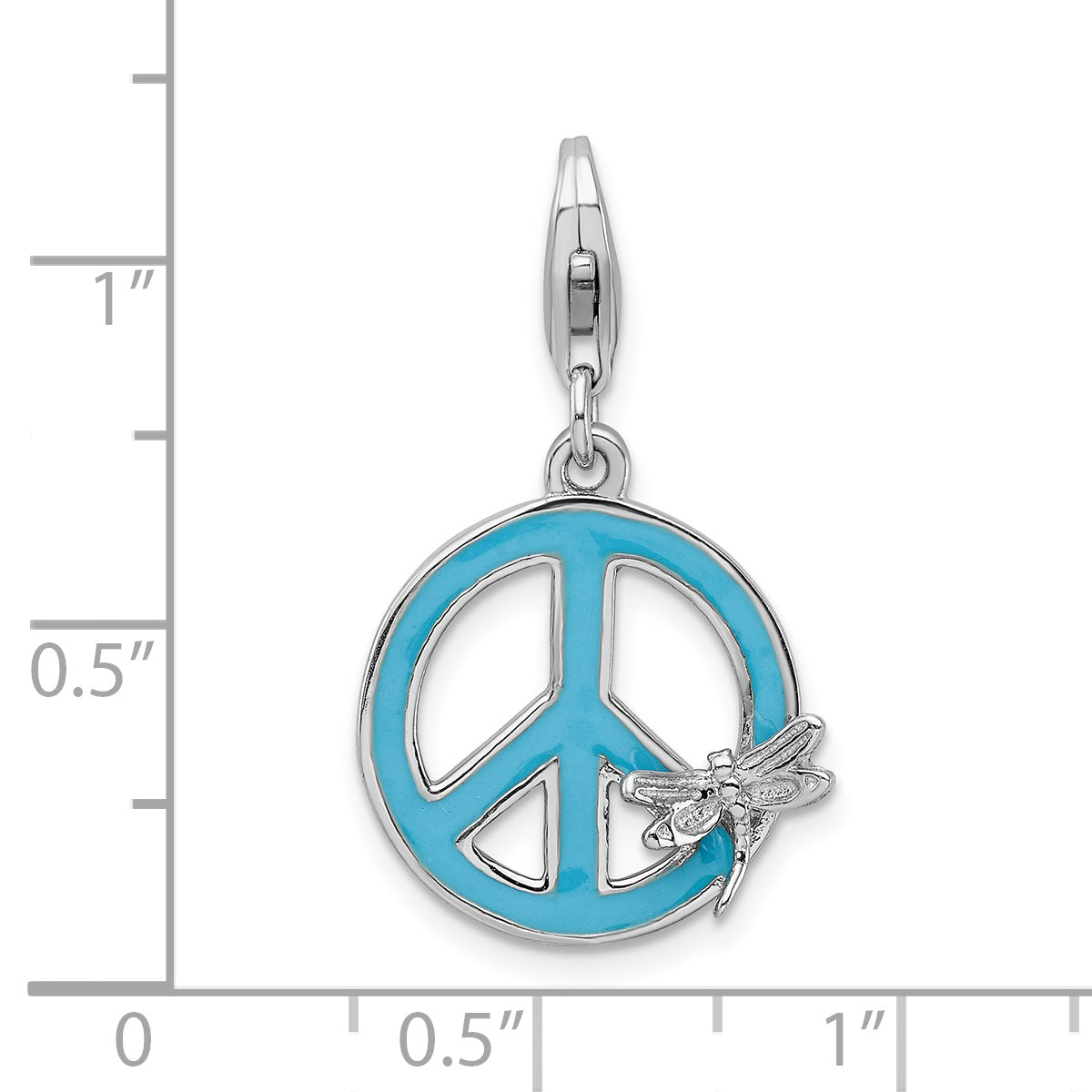 Amore La Vita Sterling Silver Rhodium-plated Polished Enameled Peace Sign with Dragonfly Charm with Fancy Lobster Clasp