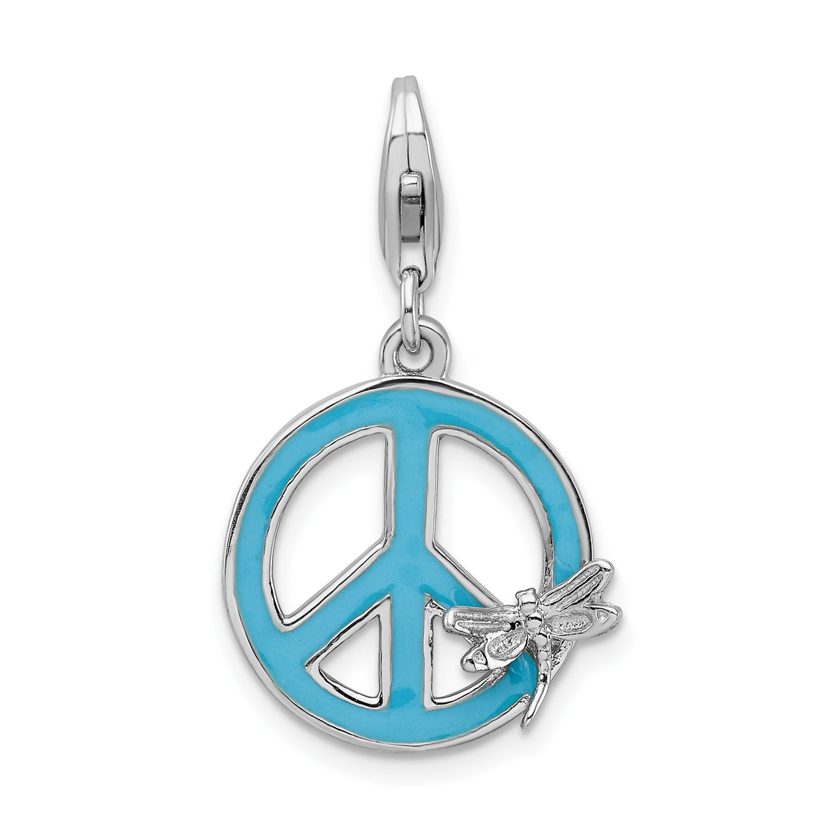 Amore La Vita Sterling Silver Rhodium-plated Polished Enameled Peace Sign with Dragonfly Charm with Fancy Lobster Clasp