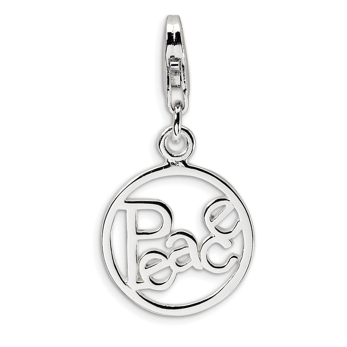 Amore La Vita Sterling Silver Rhodium-plated Polished PEACE in Circle Charm with Fancy Lobster Clasp