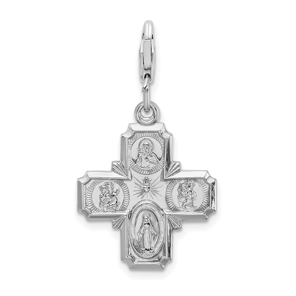 Amore La Vita Sterling Silver Rhodium-plated Polished 4-way Medal Charm with Fancy Lobster Clasp