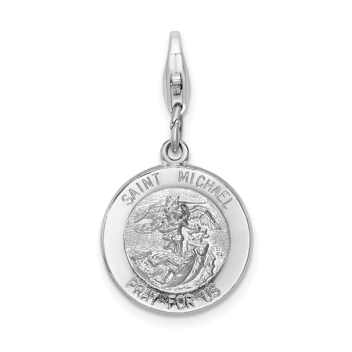 Amore La Vita Sterling Silver Rhodium-plated Polished Saint Michael Medal Charm with Fancy Lobster Clasp