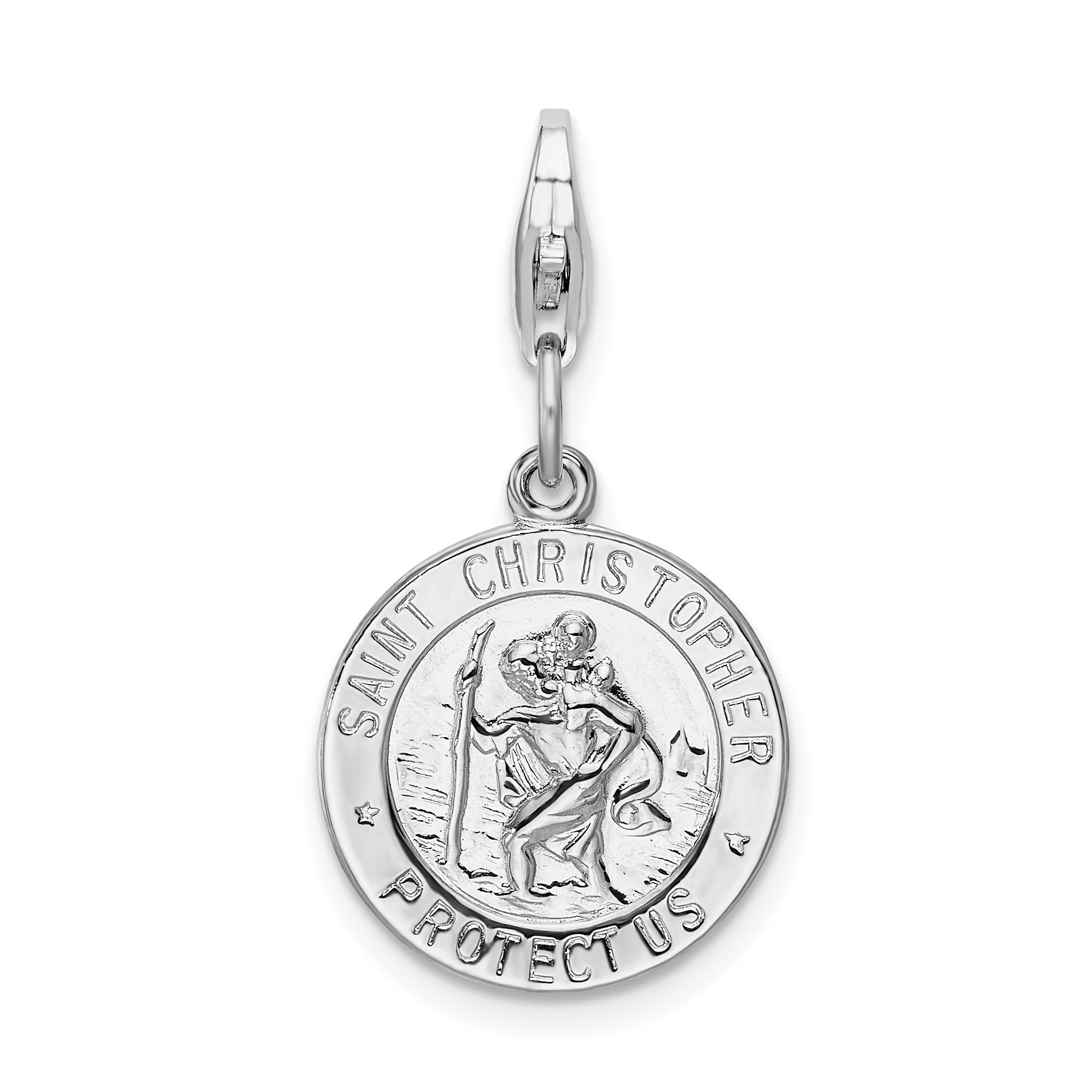 Amore La Vita Sterling Silver Rhodium-plated Polished Saint Christopher Medal Charm with Fancy Lobster Clasp