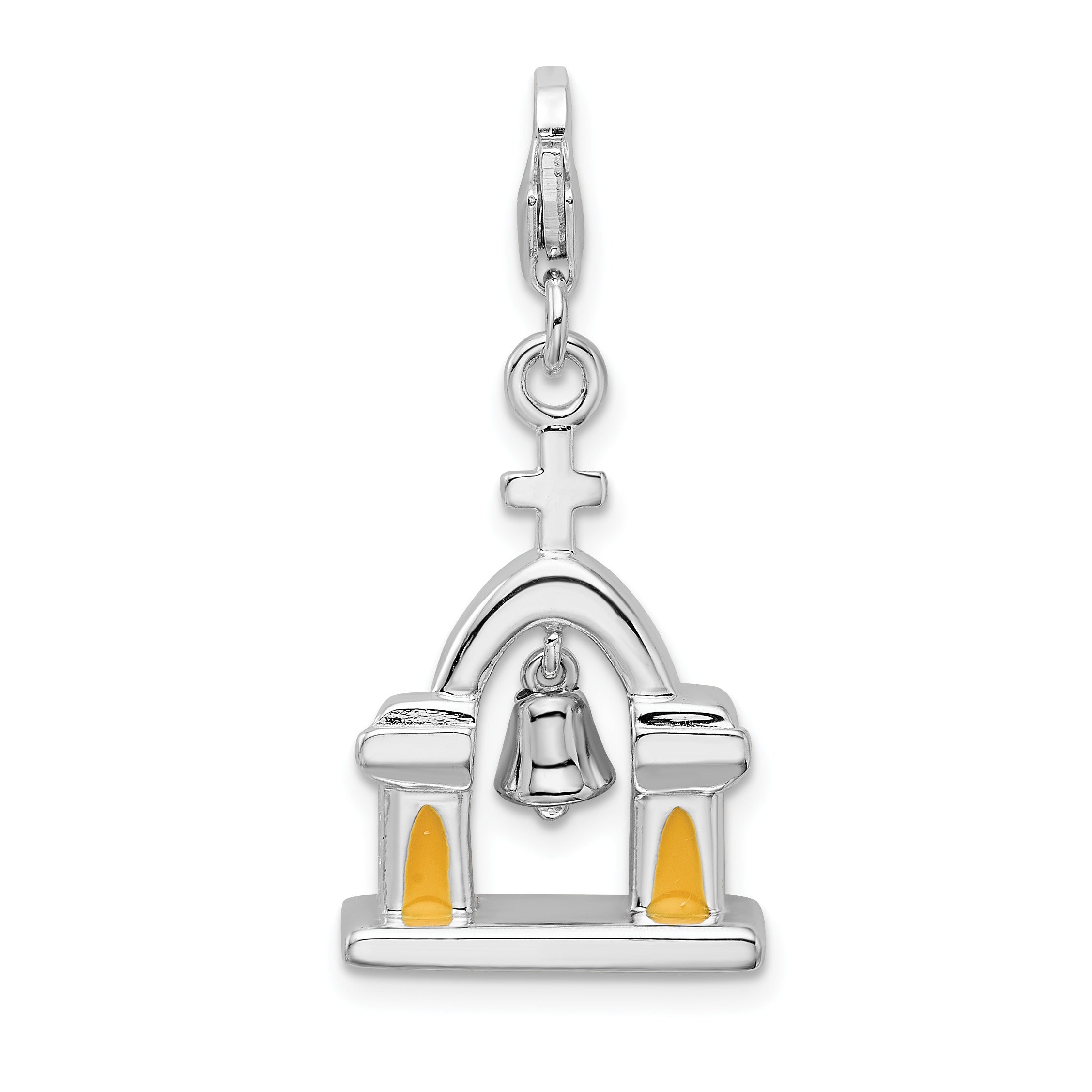 Amore La Vita Sterling Silver Rhodium-plated Polished 3-D Enameled Church with Moving Bell Charm with Fancy Lobster Clasp