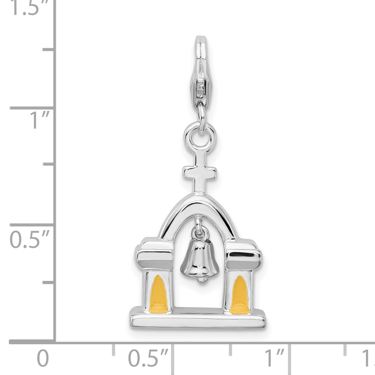 Amore La Vita Sterling Silver Rhodium-plated Polished 3-D Enameled Church with Moving Bell Charm with Fancy Lobster Clasp