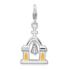 Amore La Vita Sterling Silver Rhodium-plated Polished 3-D Enameled Church with Moving Bell Charm with Fancy Lobster Clasp