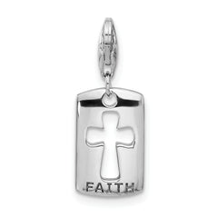 Amore La Vita Sterling Silver Rhodium-plated Polished Reversible CZ Cut-out Cross Faith Clip-on Charm with Fancy Lobster Clasp