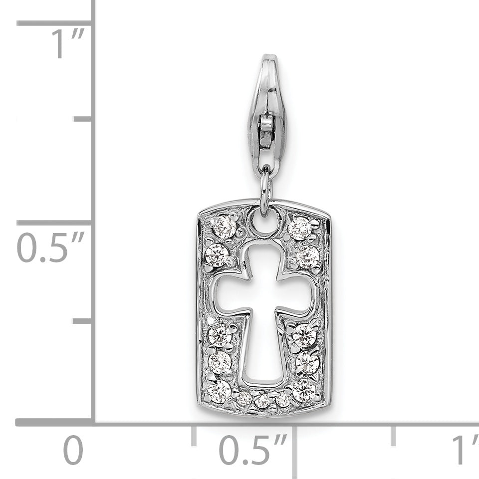 Amore La Vita Sterling Silver Rhodium-plated Polished Reversible CZ Cut-out Cross Faith Clip-on Charm with Fancy Lobster Clasp