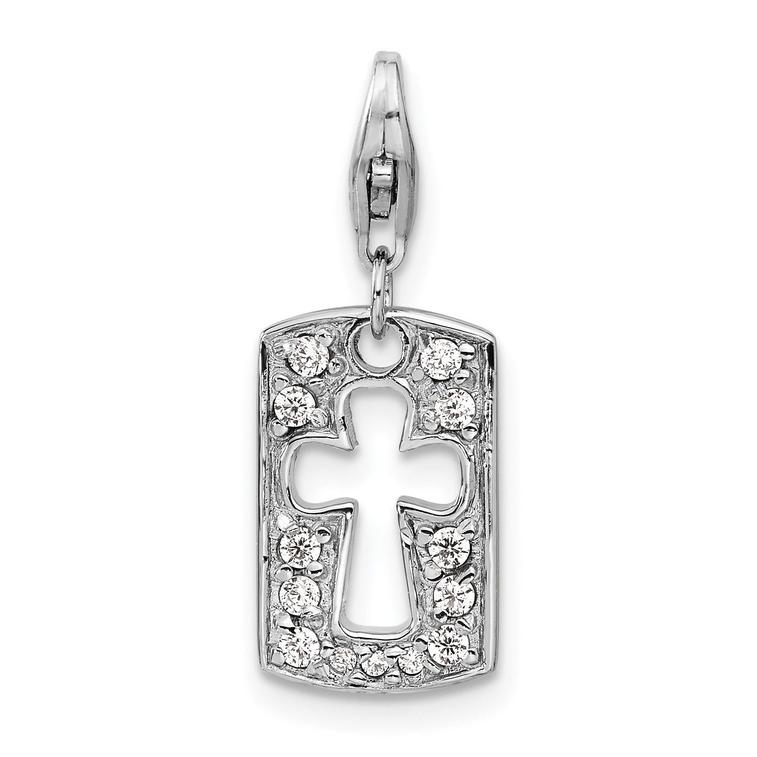 Amore La Vita Sterling Silver Rhodium-plated Polished Reversible CZ Cut-out Cross Faith Clip-on Charm with Fancy Lobster Clasp