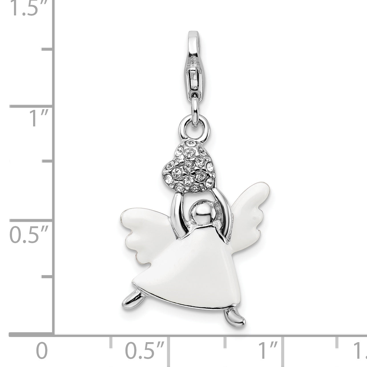 Amore La Vita Sterling Silver Rhodium-plated Polished 3-D White Enameled Crystal From Swarovski Angel Charm with Fancy Lobster Clasp