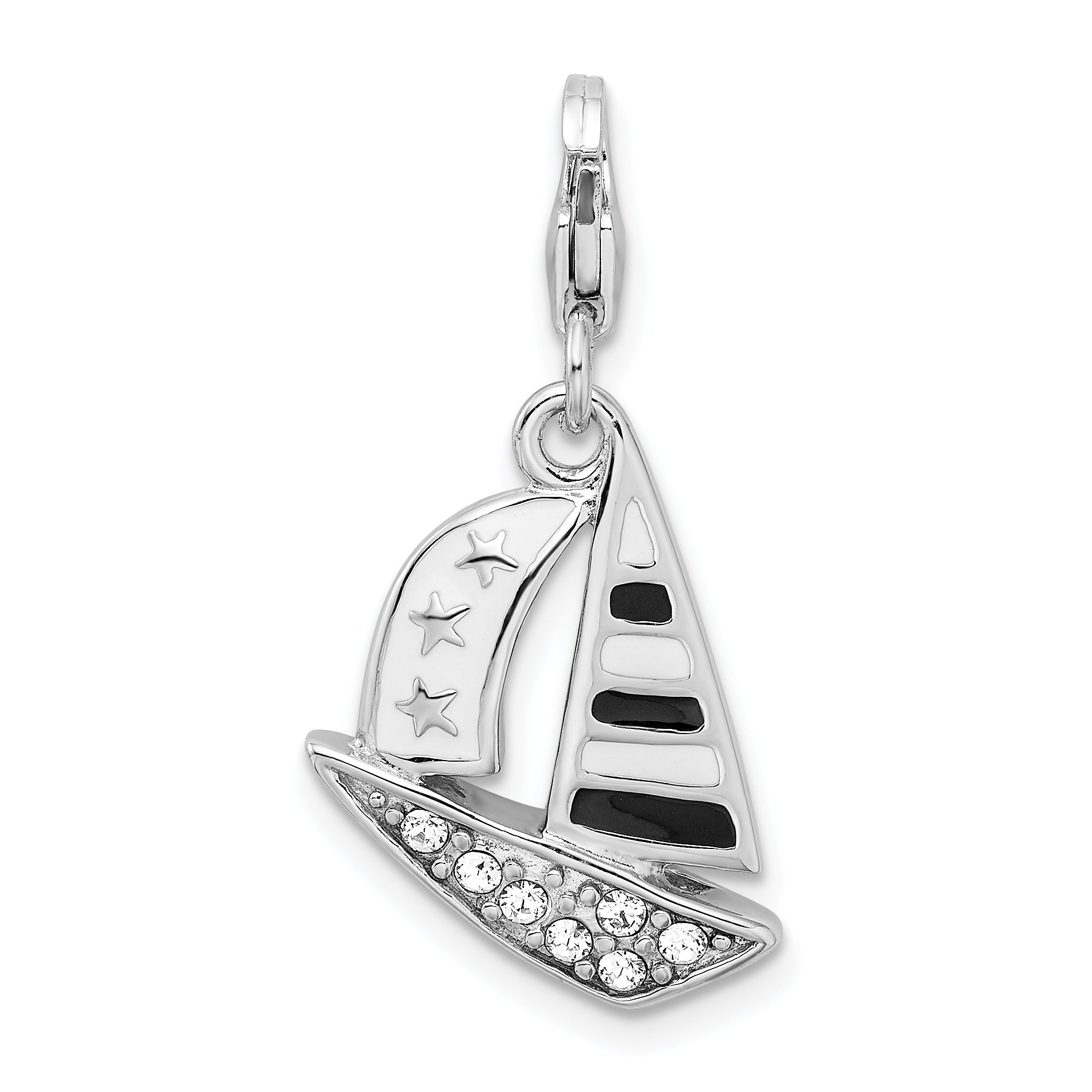 Amore La Vita Sterling Silver Rhodium-plated Polished 3-D Enameled Swarovski Crystal Sailboat Charm with Fancy Lobster Clasp