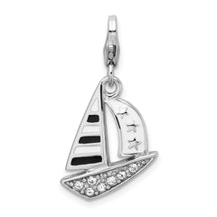 Amore La Vita Sterling Silver Rhodium-plated Polished 3-D Enameled Swarovski Crystal Sailboat Charm with Fancy Lobster Clasp