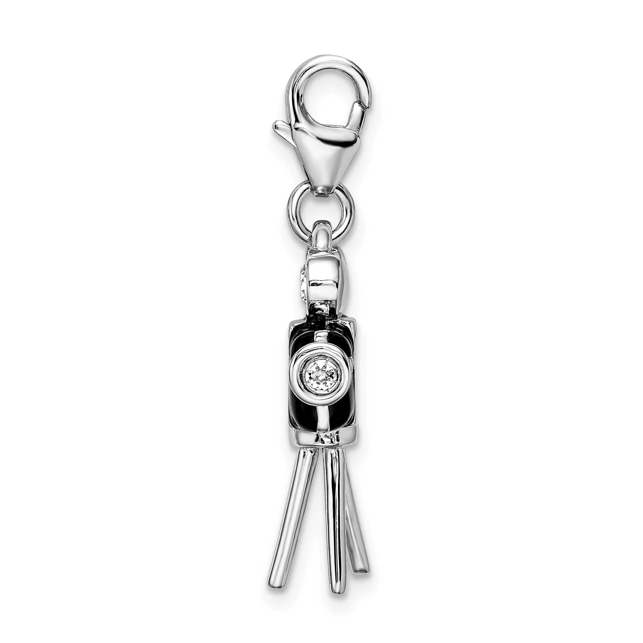 Amore La Vita Sterling Silver Rhodium-plated Polished 3-D Enameled Swarovski Crystal Movie Camera Charm with Fancy Lobster Clasp