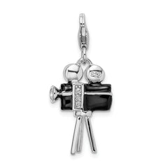 Amore La Vita Sterling Silver Rhodium-plated Polished 3-D Enameled Swarovski Crystal Movie Camera Charm with Fancy Lobster Clasp