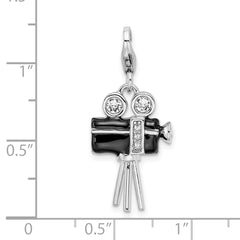 Amore La Vita Sterling Silver Rhodium-plated Polished 3-D Enameled Swarovski Crystal Movie Camera Charm with Fancy Lobster Clasp