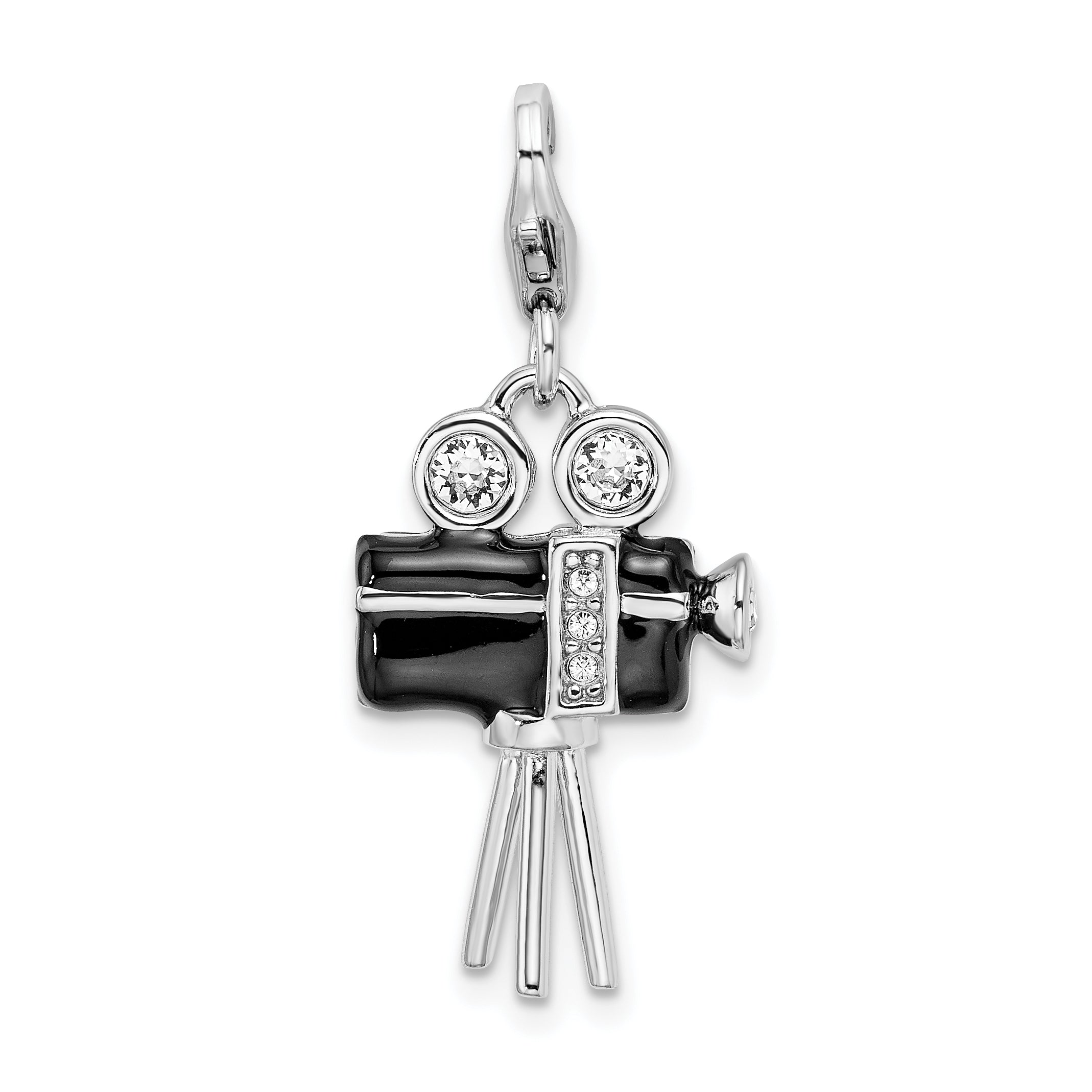 Amore La Vita Sterling Silver Rhodium-plated Polished 3-D Enameled Swarovski Crystal Movie Camera Charm with Fancy Lobster Clasp