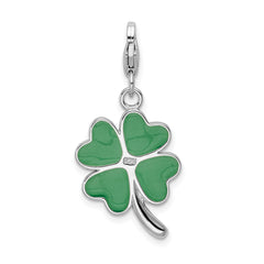 Amore La Vita Sterling Silver Rhodium-plated Polished 3-D Green Enameled 4 Leaf Clover and Clear Crystal From Swarovski LOVE Charm with Fancy Lobster Clasp