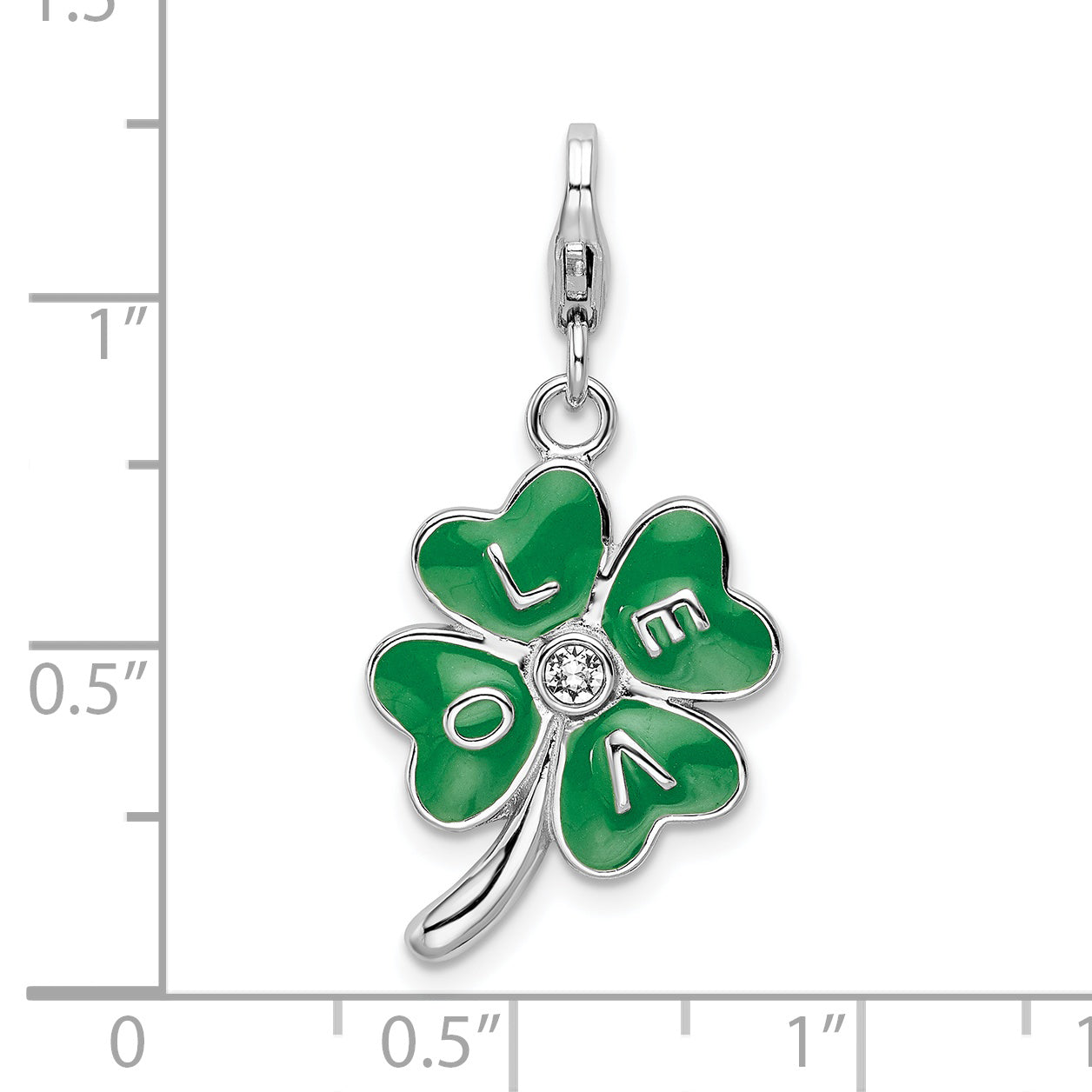 Amore La Vita Sterling Silver Rhodium-plated Polished 3-D Green Enameled 4 Leaf Clover and Clear Crystal From Swarovski LOVE Charm with Fancy Lobster Clasp