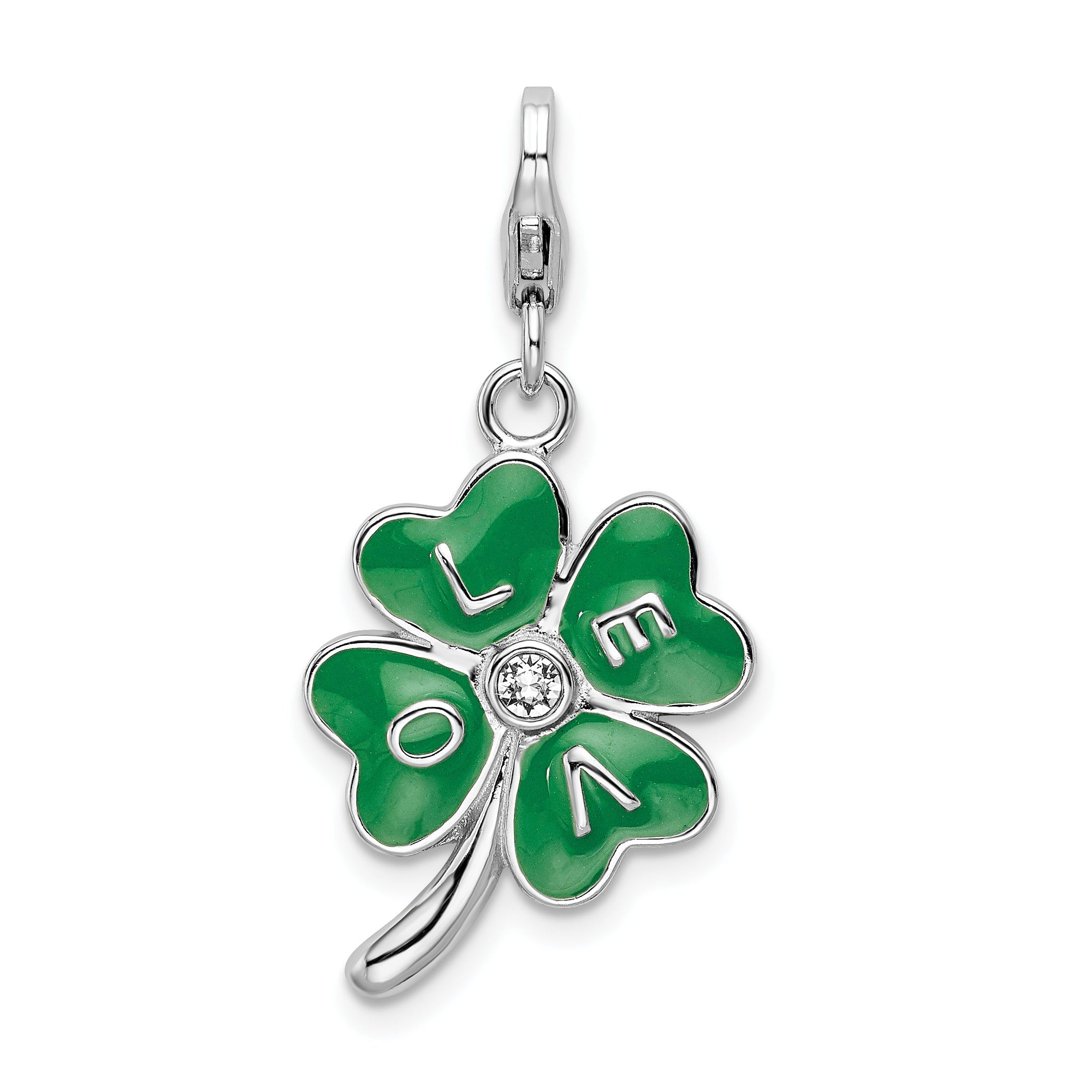 Amore La Vita Sterling Silver Rhodium-plated Polished 3-D Green Enameled 4 Leaf Clover and Clear Crystal From Swarovski LOVE Charm with Fancy Lobster Clasp