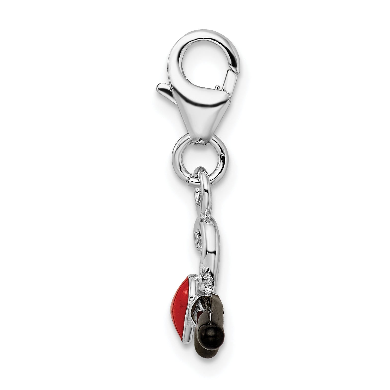Amore La Vita Sterling Silver Rhodium-plated Polished 3-D Black and Red Enameled Heart Hanger Charm with Fancy Lobster Clasp