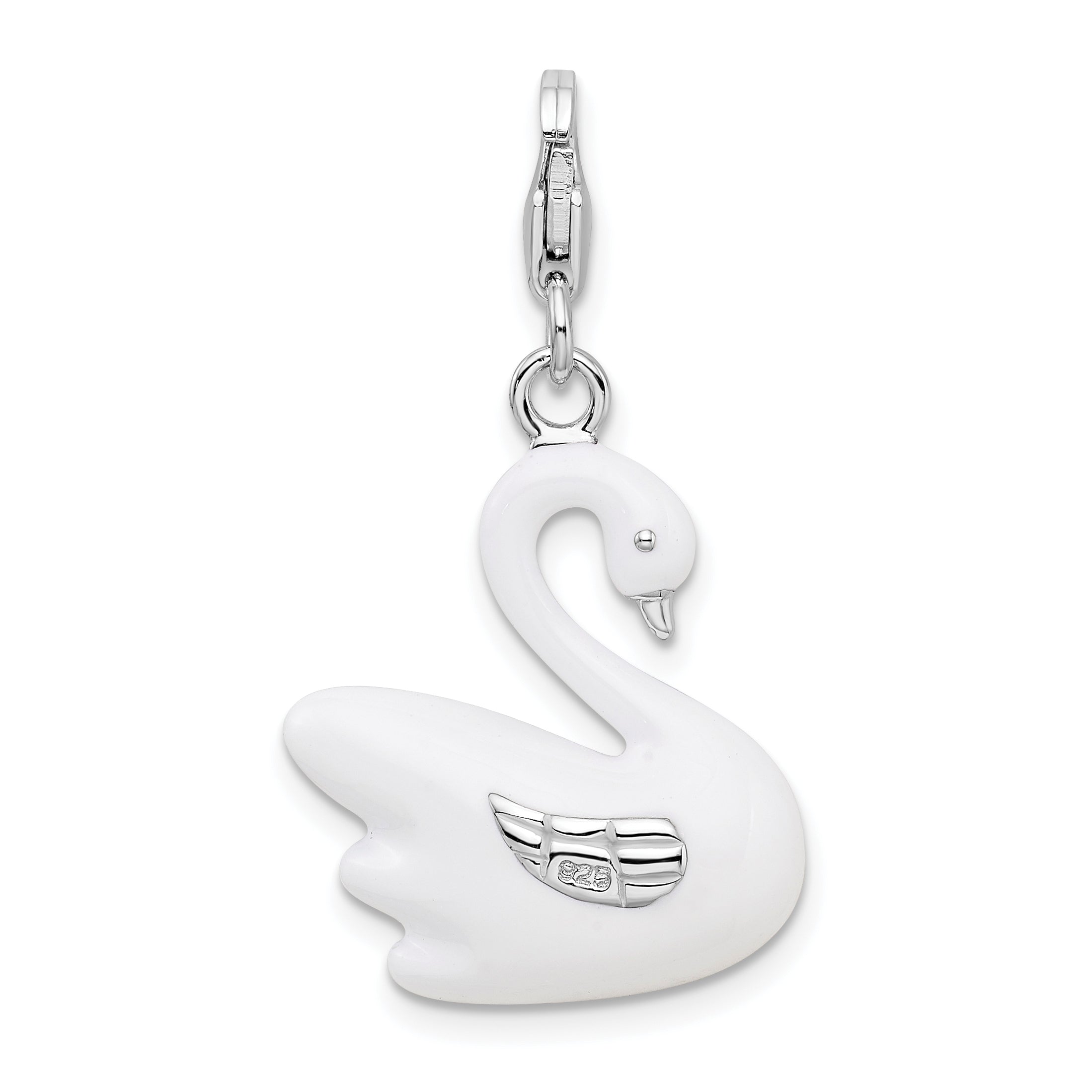 Amore La Vita Sterling Silver Rhodium-plated Polished 3-D Enameled Swan Charm with Fancy Lobster Clasp