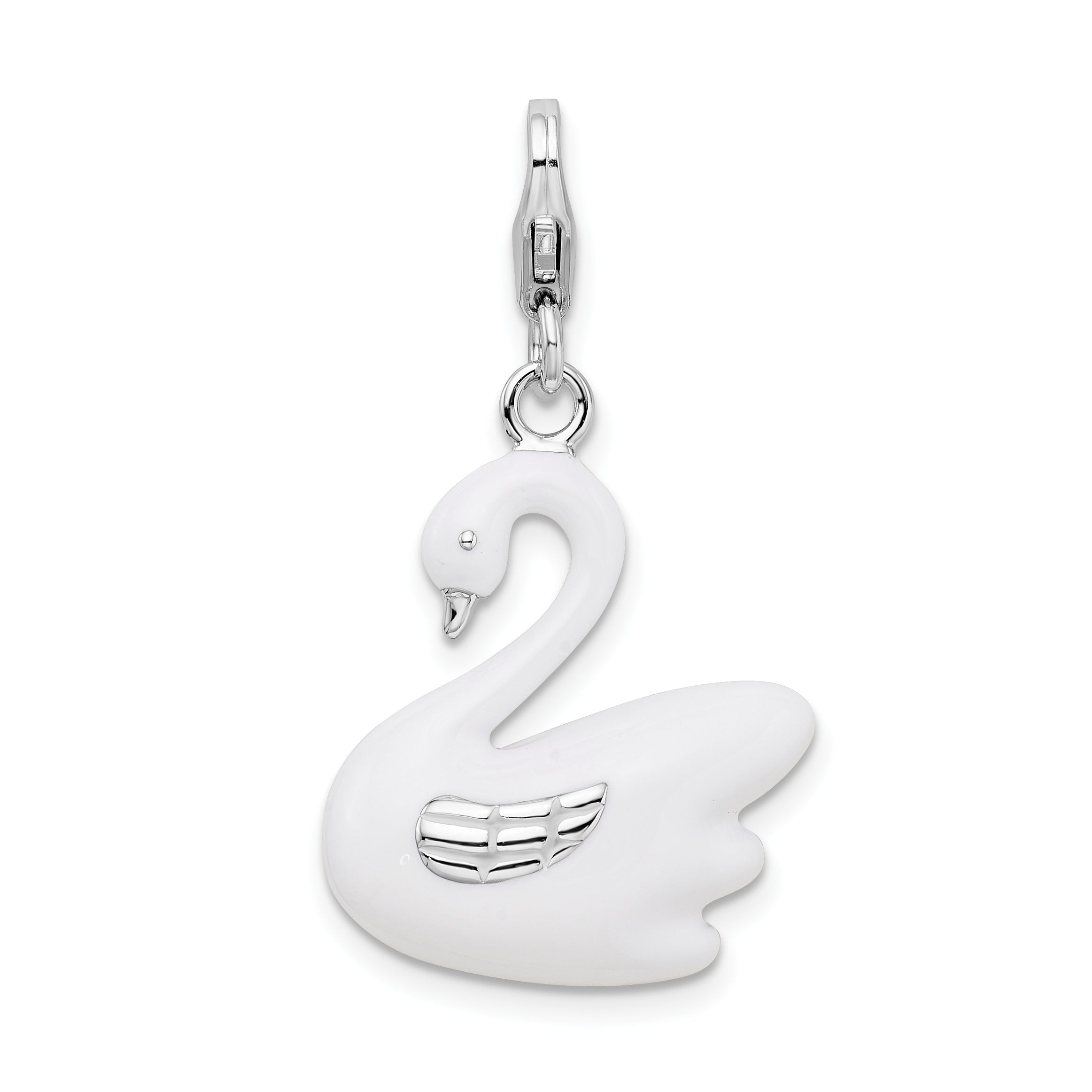 Amore La Vita Sterling Silver Rhodium-plated Polished 3-D Enameled Swan Charm with Fancy Lobster Clasp