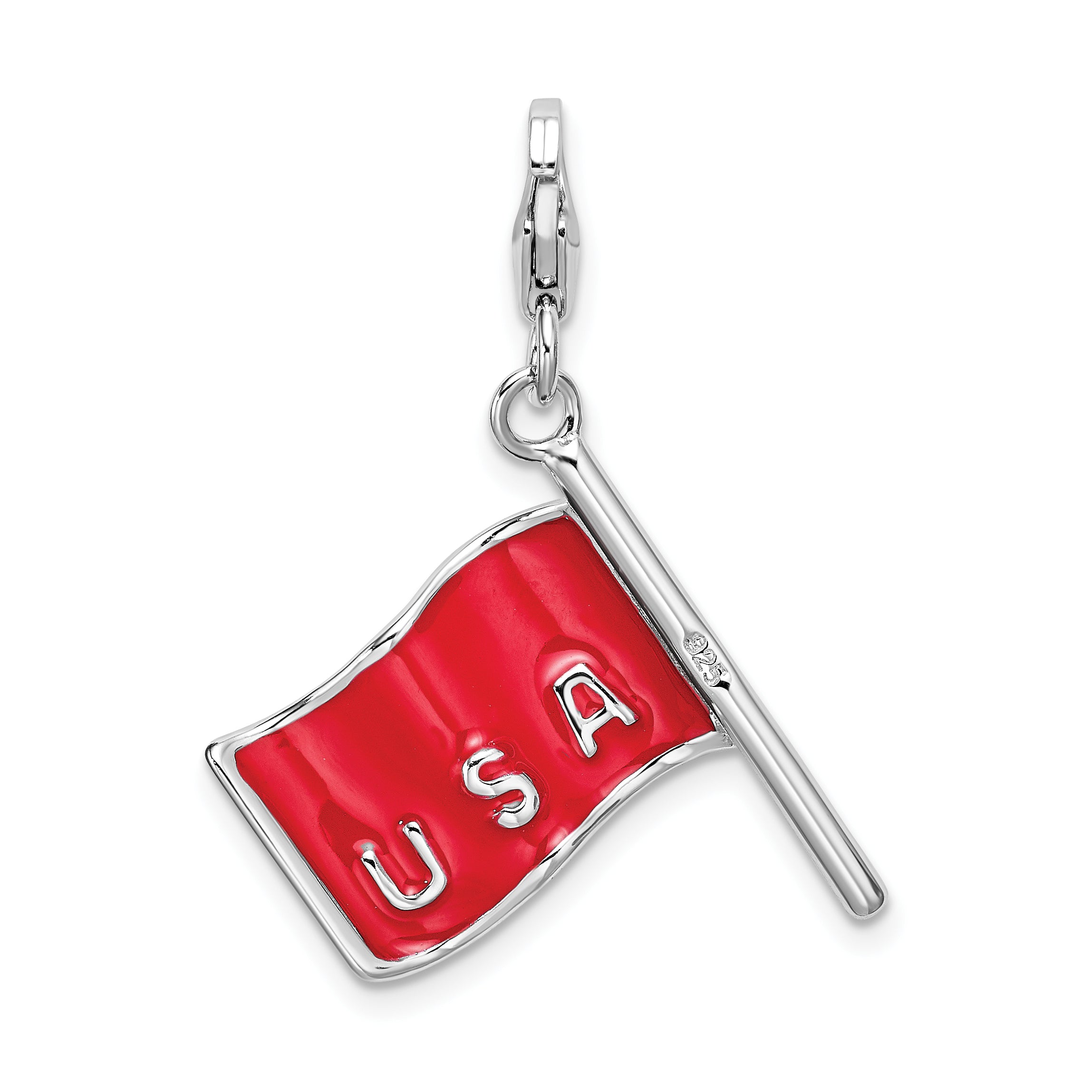 Amore La Vita Sterling Silver Rhodium-plated Polished Reversible Enameled American Flag Charm with Fancy Lobster Clasp