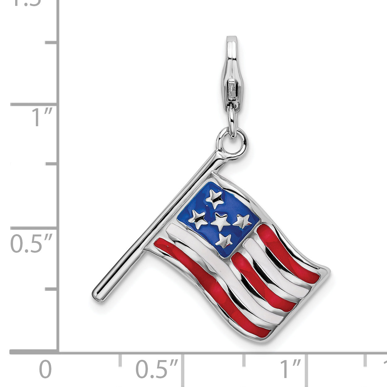 Amore La Vita Sterling Silver Rhodium-plated Polished Reversible Enameled American Flag Charm with Fancy Lobster Clasp