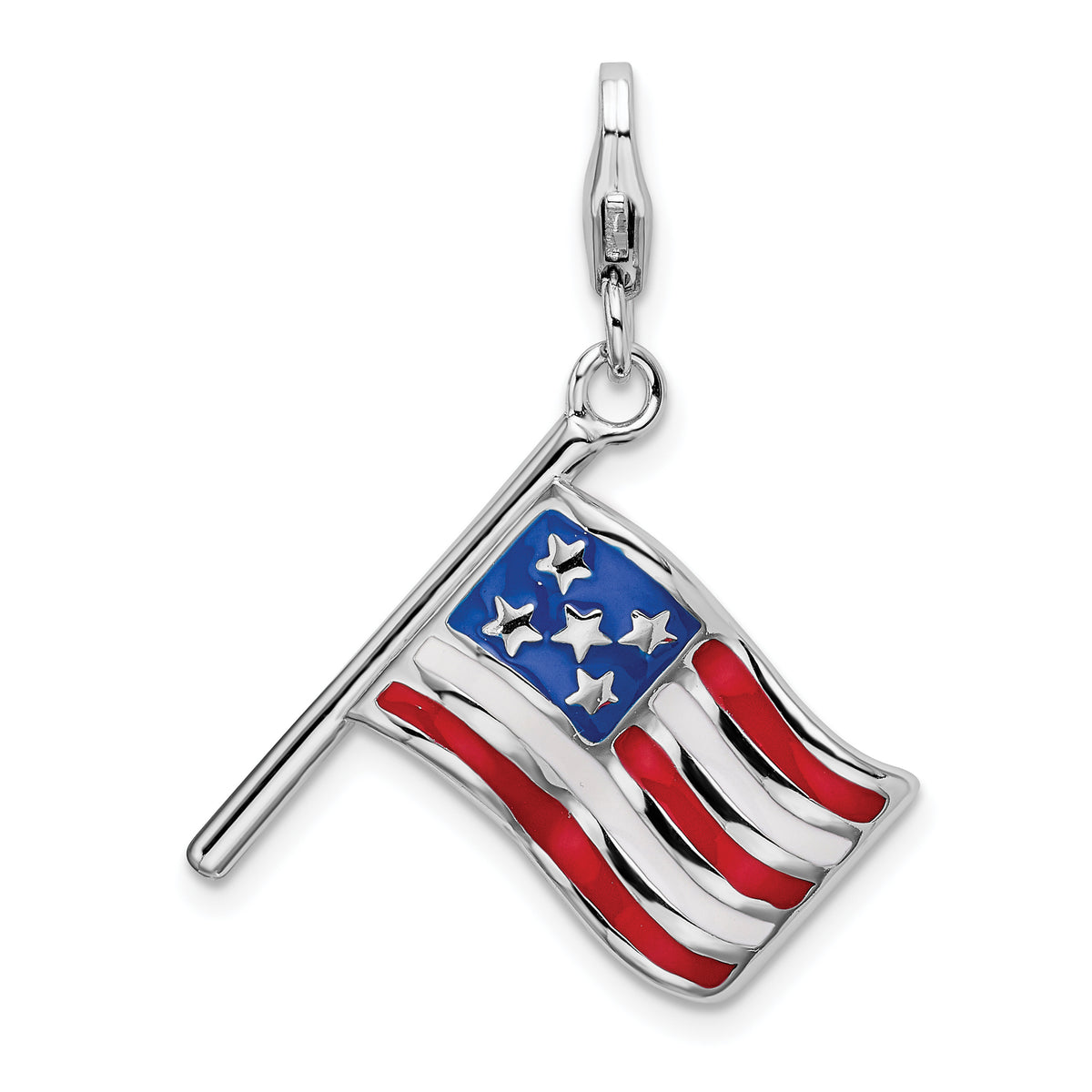 Amore La Vita Sterling Silver Rhodium-plated Polished Reversible Enameled American Flag Charm with Fancy Lobster Clasp