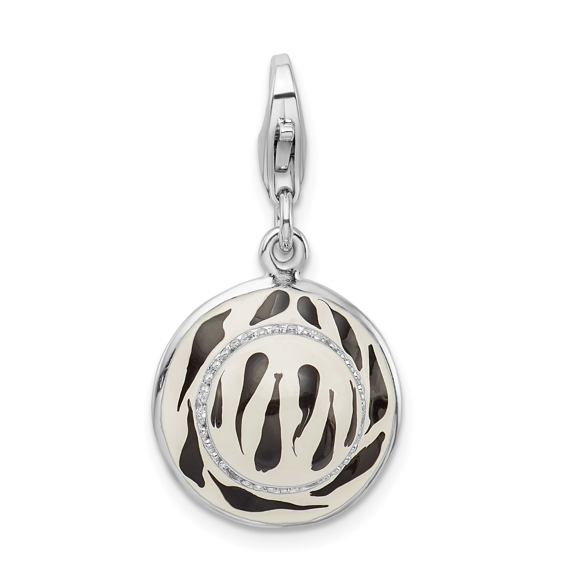 Amore La Vita Sterling Silver Rhodium-plated Polished 3-D CZ Enameled Zebra Hat Charm with Fancy Lobster Clasp