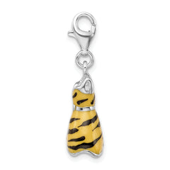 Amore La Vita Sterling Silver Rhodium-plated Polished 3-D CZ Enameled Tiger Dress Charm with Fancy Lobster Clasp