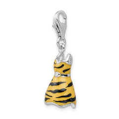 Amore La Vita Sterling Silver Rhodium-plated Polished 3-D CZ Enameled Tiger Dress Charm with Fancy Lobster Clasp